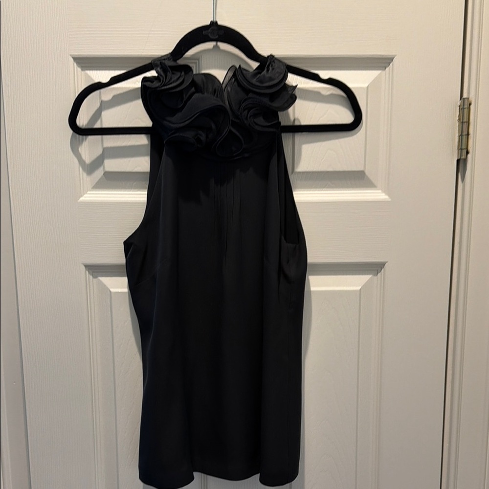 Ann Taylor Black Silk Floral-Trim Halter Camisole. Sz XS. Exc. cond.